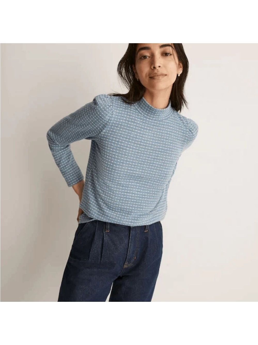 Madewell Jacquard Puff Sleeve Mockneck Top Blue Plus Size 1X Sweater Vibes EUC